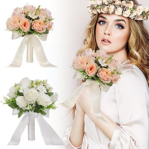 Fleurs décoratives mariée demoiselle d'honneur Bouquet de mariage soie blanche artificielle mariée Roses accessoires Mariage accessoires H4E2