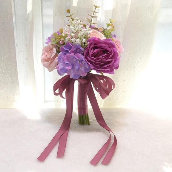 Flores decorativas, cinta de seda para novia, ramos de boda con ramo de dama de honor, accesorios artificiales hechos a mano para novia
