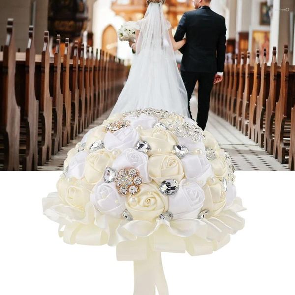 Fleurs décoratives Bouquet de mariage de mariée Crystal main tenant une fausse fale de fleur artificielle décoration blanche ivoire