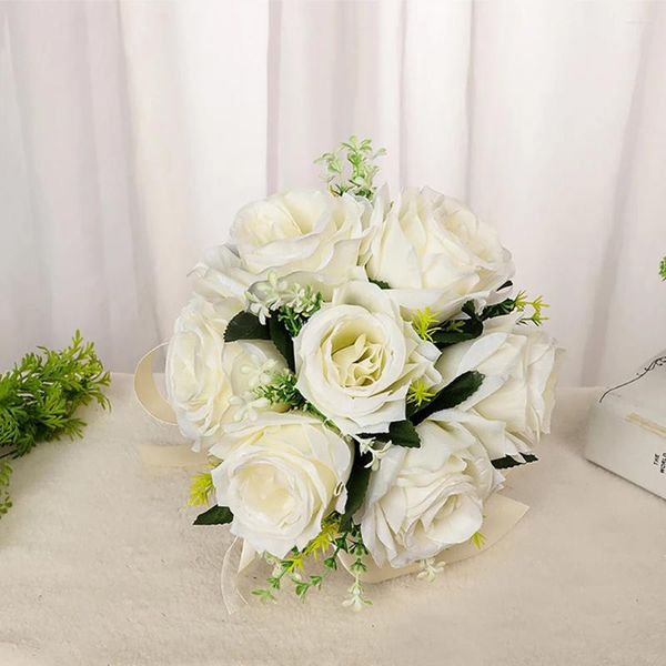 Fleurs décoratives Bouquet de mariage Bouquet Bridesmaid White Silk Flower Roses Artificiel Bride Boutonniere Mariage Decor Accessoires
