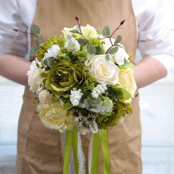 Flores decorativas novia dama de honor rosa artificial con ramo de boda con cinta de satén de seda accesorios de boda favores