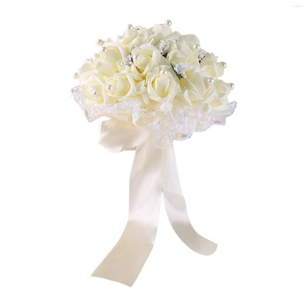 Flores decorativas Novia Dama de honor Ramo de boda hecho a mano con cinta de seda Artificial nupcial para fiesta Po Prop Ceremonia Decoración