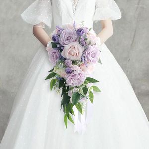 Decoratieve bloemen Bruid met Europese in de Europese stijl Woon waterval Water Drop Style Bridal Bouquet European Artificial Pink Purple Bloem