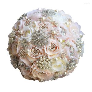 Fleurs décoratives Mariée Mariage Strass Satin Ruban Rose Fleur Perles Bouquet De Mariage Tenant Saint Valentin Accessoires