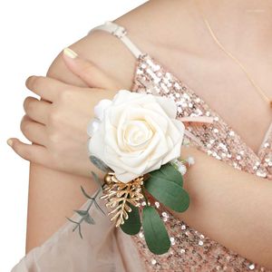 Fleurs décoratives demoiselle d'honneur soie artificielle Rose ivoire poignet Corsage Bracelet pour mariage danse fête décor soeurs fleur à la main