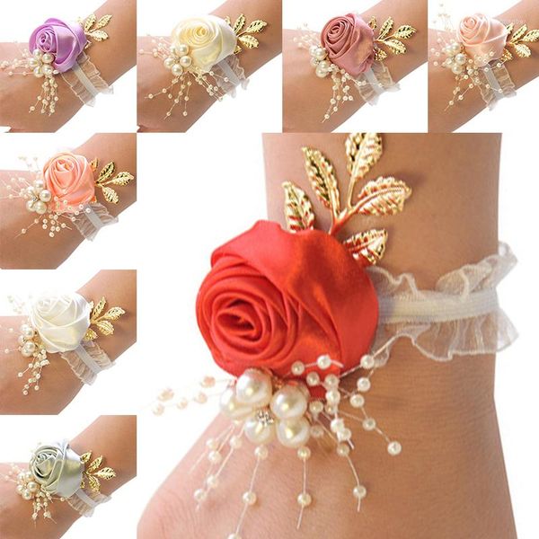 Bracelet de demoiselle d'honneur à fleurs décoratives, main de sœurs de mariage avec perles, poignet de mariée, fournitures de fête de bal
