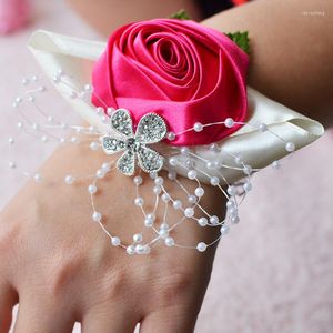 Fleurs décoratives demoiselle d'honneur Corsage ruban Rose pour mariage bal Satin perle poignet fleur dentelle Corsages beaucoup de couleurs