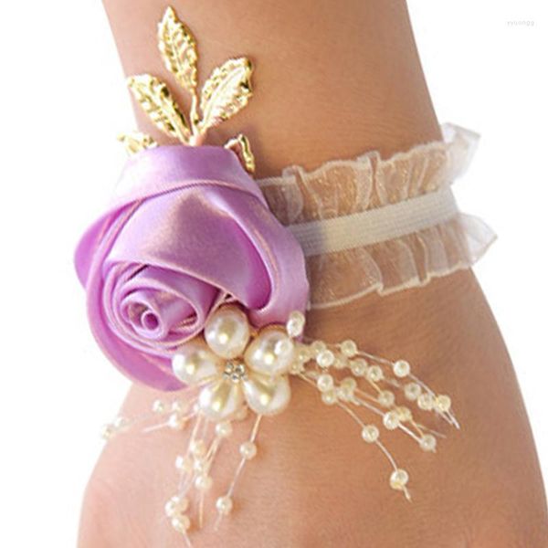 Flores decorativas para dama de honor, pulsera para boda, baile de graduación, cinta de poliéster, rosa, mano, lazo de perlas, accesorios Bridel