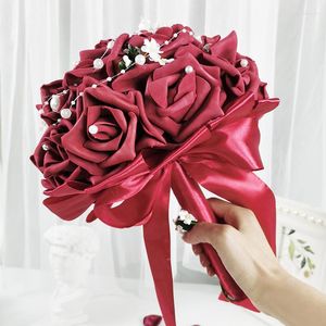 Decoratieve bloemen Buket Pernikahan Pengiring Pengantin Artificial Ribbon Rose Bouquet Aksesesori Fake Pearl Foam Flower Wedding