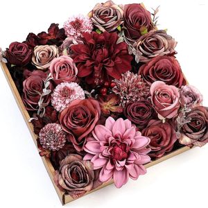 Fleurs décoratives Bourgogne Combo artificiel Dahlia Silk Fake Roses pour bouquets de mariage bricolage Party Bridal Home Decorations