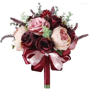 Fleurs décoratives bouquet de rose rose poussiéreux bordeux - Champagne Blush Blowming Peony avec Eucalyptus Real Perfect Bridal Wedding