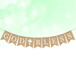 Flores decorativas Banner Banner Dios Bendito Bautismo Bautismo Bunting Rústico Garlandia Butiling Partido Comunión Suministros con decoraciones sagradas blancas