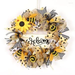 Couronne de porte en toile de jute, fleurs décoratives, bienvenue, coloré, été, monde de buis jaune