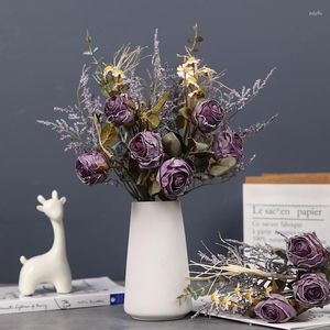 Fleurs décoratives brûlées artificielles Rose violet Bouquet chrysanthème en soie pour mariage bureau El décoration Table décoration bricolage