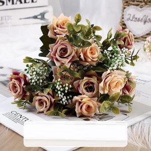 Fleurs décoratives Cafe Artificiel Silk Roses blanches Bouquet Restaurant Décoration Simulation Rouled Rose Rose Fake Flower Plant