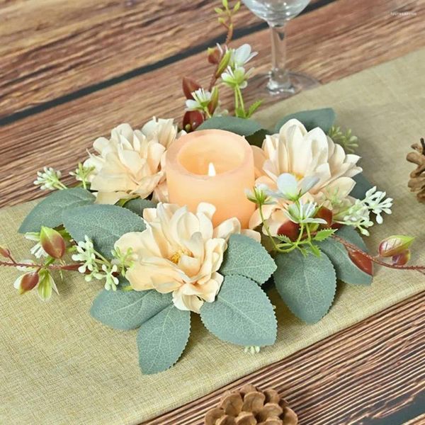 Flores decorativas Candlestick Garland elegante Dahlia Dalia Corona Anillo de vela con hojas verdes para la mesa de bodas en casa