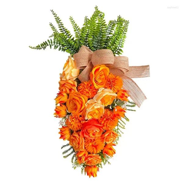 Couronne de fleurs décoratives, couronne de carottes, signe de porte de pâques, feuilles vertes et Roses, pendentif en fausse fleur en toile de jute