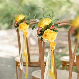 Fleurs décoratives Chaise Artificielle Pivoine Bouquet Ruban Banquet Siège Noeud Couverture Pour El Église Voiture En Plein Air De Mariage Décoration Fournitures