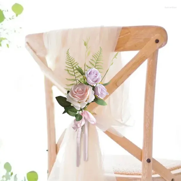 Flores decorativas silla de cinta artificial fajas de cinta nudos de rosa helecho cubierta de banquete para la iglesia para la fiesta de bodas eventos suministros de decoración