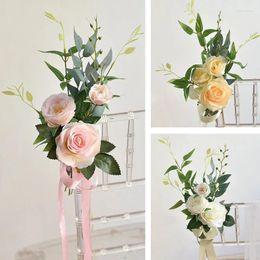 Decoratieve bloemen stoel kunstmatige sjerpen knopen knopen rozen banket cover voor kerkauto land bruiloft feestevenementen decoratie benodigdheden