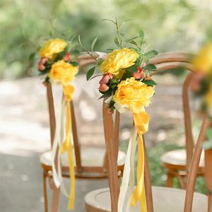 Decoratieve bloemen stoel Sashes Bouquet Tie stoel Knoop Knoop Cover Rose Belt Bow voor kerk El Banquet Wedding Party Events Decoratie