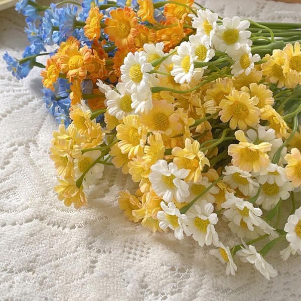 Fleurs décoratives camomille 6 têtes fleur artificielle marguerite blanc jaune orange bleu chambre mariage voiture table fête cadeaux décor bricolage bouquet