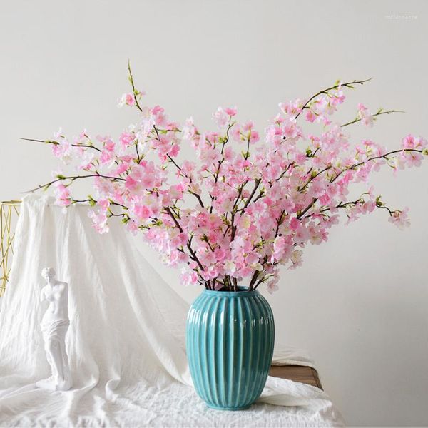 Flores decorativas, flor de cerezo, rama larga, decoración rosa para habitación, decoración Artificial para dormitorio, accesorios para fiesta de boda en casa