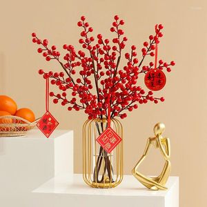 Decoratieve Bloemen Chinese Metalen Frame Glazen Vaas Rood Fortuin Fruit Jaar Ornamenten Thuis Woonkamer Salontafel Inrichting Decoratie Ambachten