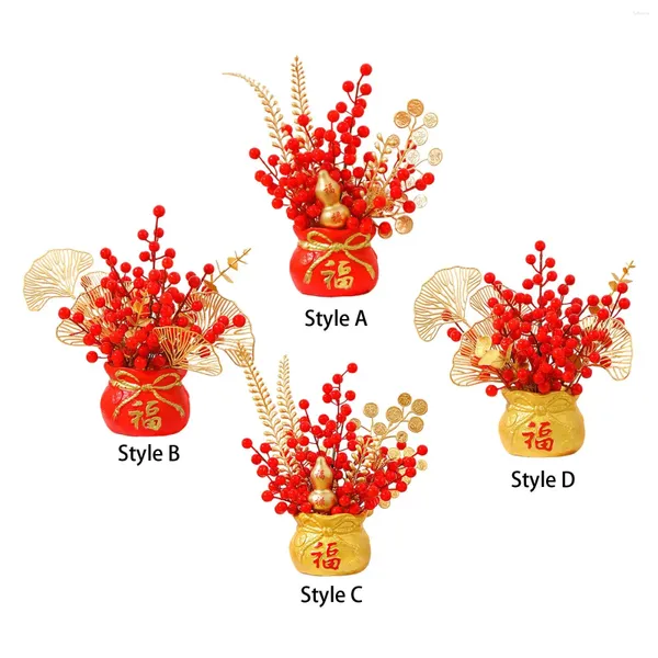 Flores decorativas Festival de primavera china Purse Vase Feng Shui Ornamento Rojo Bayas artificiales Tradicional para decoración de escritorio versátil