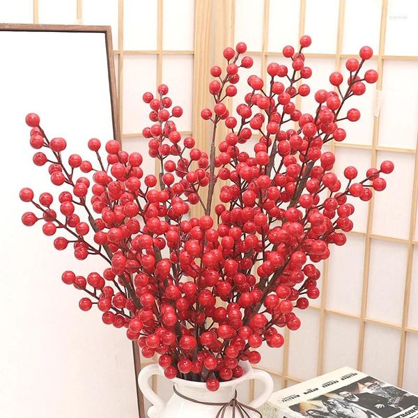 Flores decorativas Navidad bayas artificiales rama rojo acebo baya árbol de Navidad fiesta decoración del hogar caja de regalo de boda DIY suministros de corona