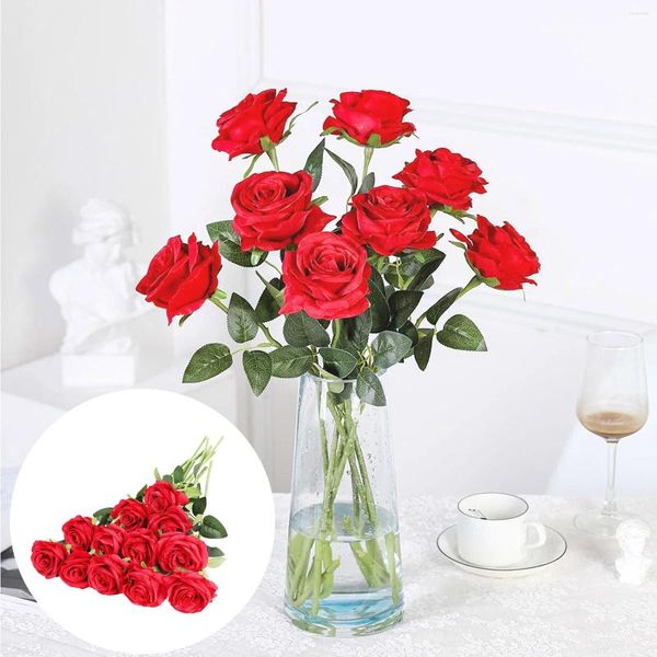 Flores decorativas Decoraciones artificiales navideñas Paquete de 12 rosas rojas Seda Realista Nupcial Florero elegante