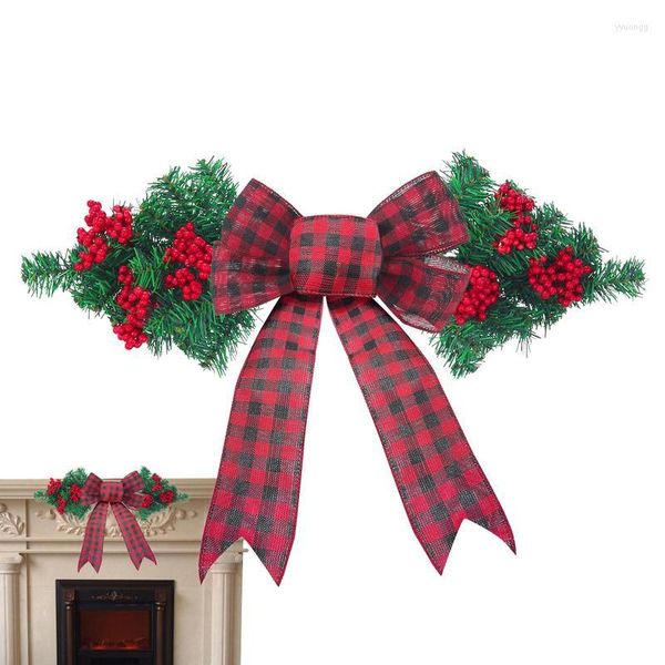 Flores decorativas Guirnalda de agujas de pino artificial de Navidad con pajarita roja grande para puertas delanteras Paredes Chimeneas Gabinetes Ventanas Año