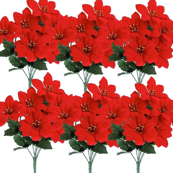Flores decorativas navideño Poinsettia artificial 6 paquete ramo de flores falsas rojo con tallo para la mesa de bodas en casa