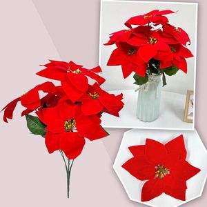 Flores decorativas Navidad Seda artificial Arbustos rojos 7 cabezas Ramo floral de terciopelo con tallo para fiesta