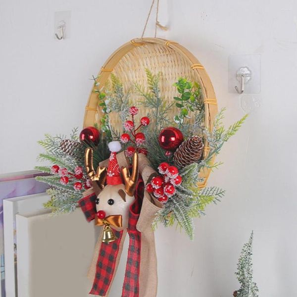 Couronne de fleurs décoratives de noël, guirlande artificielle d'élan avec baies, guirlande de vacances festives, père noël, bonhomme de neige, pomme de pin verte