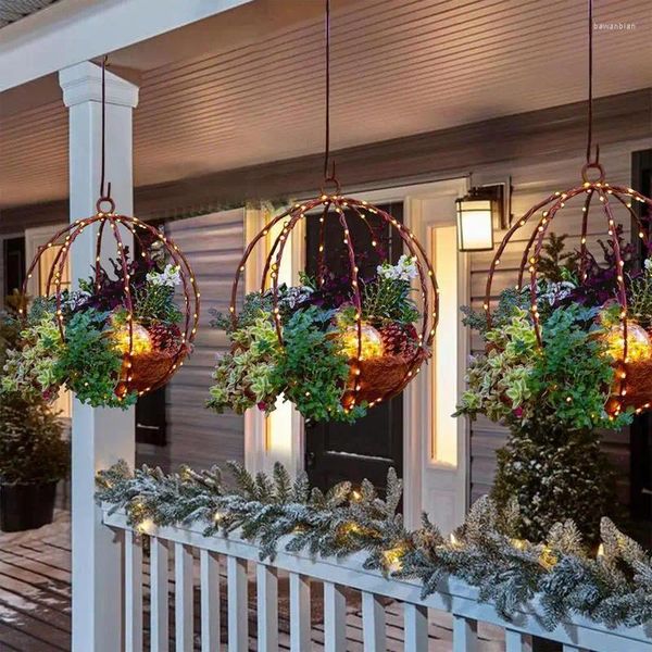 Flores decorativas Cestas de Navidad guirnaldas con cuerda de luz LED Canasta de flores artificial Suministros de decoración de vacaciones al aire libre