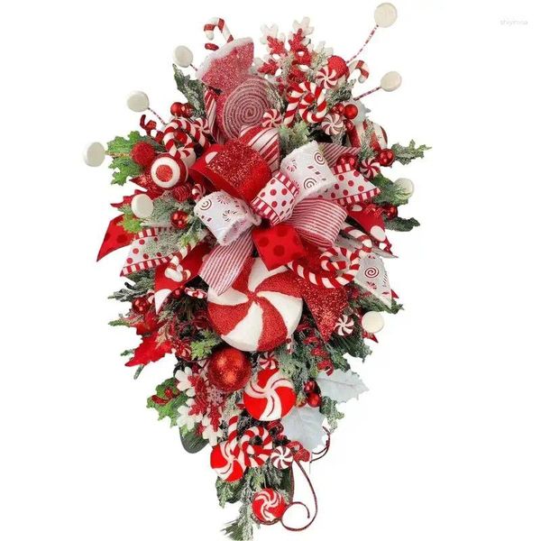Fleurs décoratives de Noël de canne de Noël couronne de charrette en larme en larmes artificielles rouges et blancs avec arbre à l'envers pour les vacances