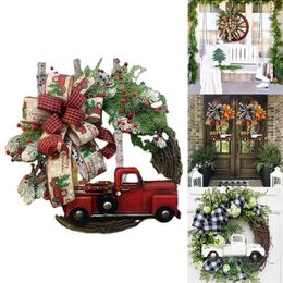 Decoratieve bloemen Kerstdecoratie Krans vrachtwagenbogen slinger deur hangende huis nummer Xmas Red Car Navidad kunstmatige planten Home
