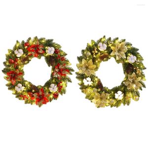 Fiori decorativi Ghirlande di decorazioni per porte di Natale con pigne di abete rosso Palla di bacche Ornamenti da 40 cm PVC realistico illuminato per interni ed esterni