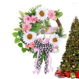 Couronne de fleurs décoratives pour porte de noël, guirlande à carreaux artificiels avec nœuds de voiture, fleurs roses, ferme d'hiver