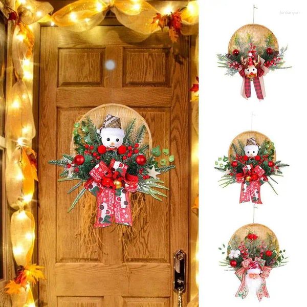 Flores decorativas Puerta de Navidad Coronda delantera Wreths con conos de pino artificial 3d Santa Claus Wall Garlands colgando