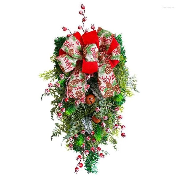 Fleurs décoratives Couronne de porte de Noël Spruce artificielle groupées de baies rouges blancs de décoration de nœud vert blanc escalier swag guirlande