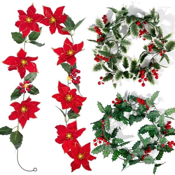 Flores decorativas Garland de navidad cuerdas Rojo Artificial Hojas Hojas de acebo Vine para el ornamento de árboles Decoración del hogar