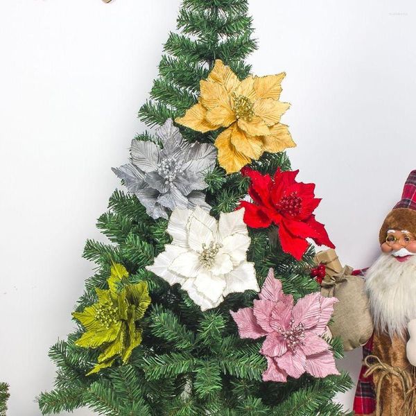 Fleurs décoratives, fournitures de fête, cadeau de noël, décorations d'arbre de noël, fausses fleurs, Poinsettia à paillettes artificielles