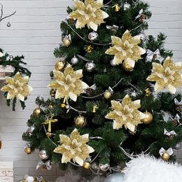 Flores decorativas, cabezas de flores ostentosas doradas de Navidad para decoraciones de árboles para el hogar, suministros de decoración para mesa de fiesta de Navidad