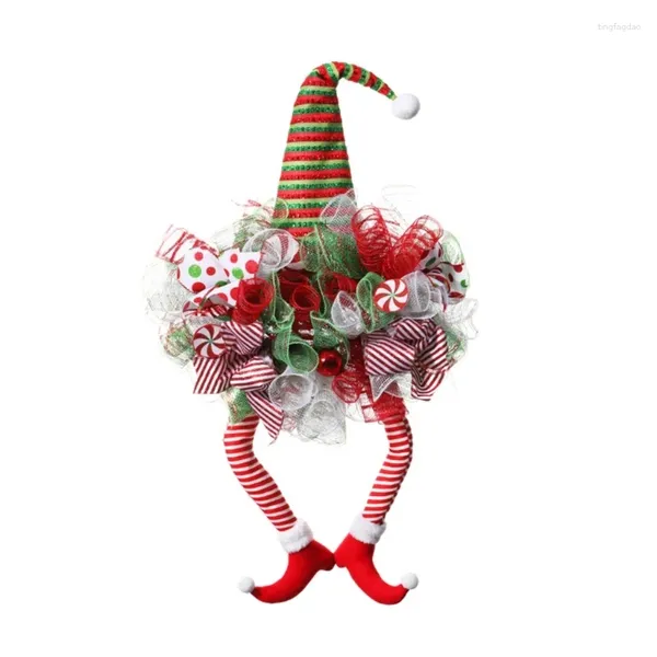 Flores decorativas navideño de la corona de piernas largas Fondo enano enano con sombrero a rayas para adornos en el aire libre para exteriores