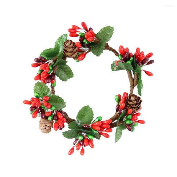 Flores decorativas Adornos navideños Anillo de bayas rojas artificiales Decoración floral Corona de simulación Conos de pino verdaderos y falsos para