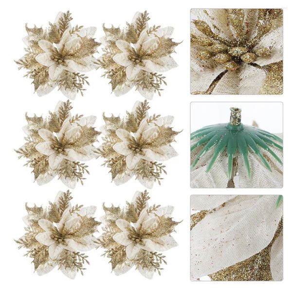 Flores decorativas Navidad Poinsettia Brillo artificial Árbol Decoraciones de flores Selecciones Tallos Decoración falsa Wreathgarland Craft Hollow Silver