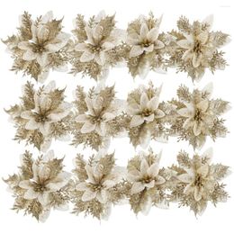 Decoratieve bloemen kerstpoinsettia boom kunstmatige bloem picks decoraties nep krans stengels gouden glitter slinger tak decor