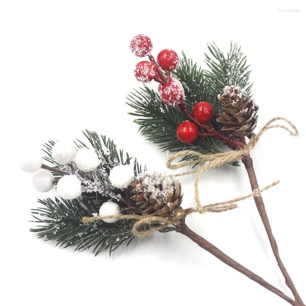 Fleurs décoratives de Noël, baies rouges, fleur artificielle, pomme de pin, branche de flocon de neige, décorations de couronne d'arbre de Noël, ornements, emballage cadeau